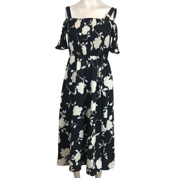 SOFT SURROUNDINGS - WOMEN'S SMALL - BLACK FLORAL COLD SHOULDER SMOCKED DRESS - Picture 1 of 8